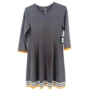 JH Charcoal Gray Long Sleeve Sweater Dress with Orange & White Stripe Trim Large